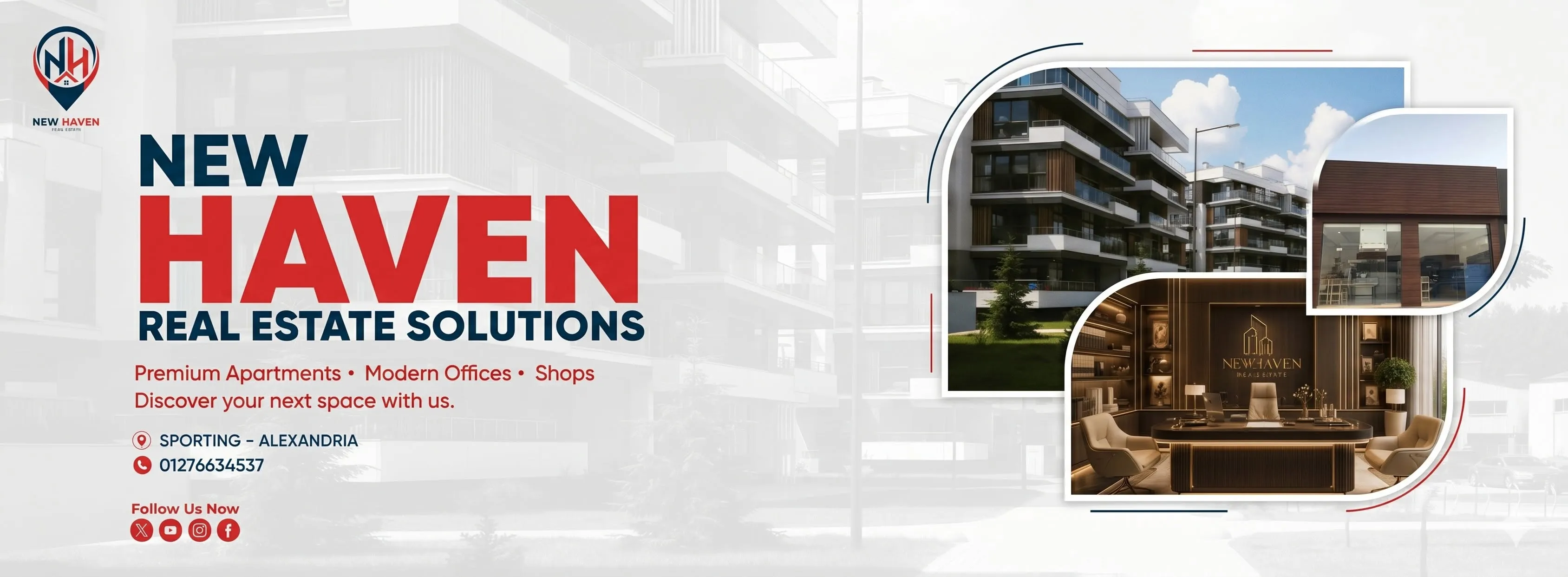 New Haven Real Estate property marketing banner featuring apartments, offices, and shops